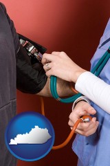 kentucky map icon and a nurse checking a patient's blood pressure